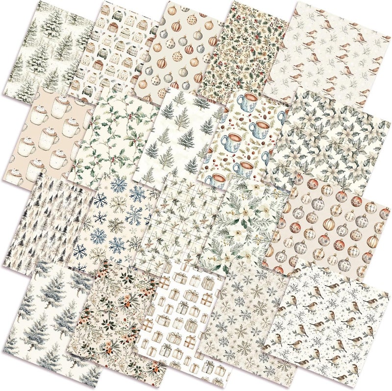 FuWeave 60 Pcs 10 x 10 Inch Boho Christmas Quilting Fabric Woodland Christmas Fat Squares Patchwork Precut Neutral Beige Fabric Bundles for Xmas Winter Quilting Crafting DIY Craft Sewing - Image 1